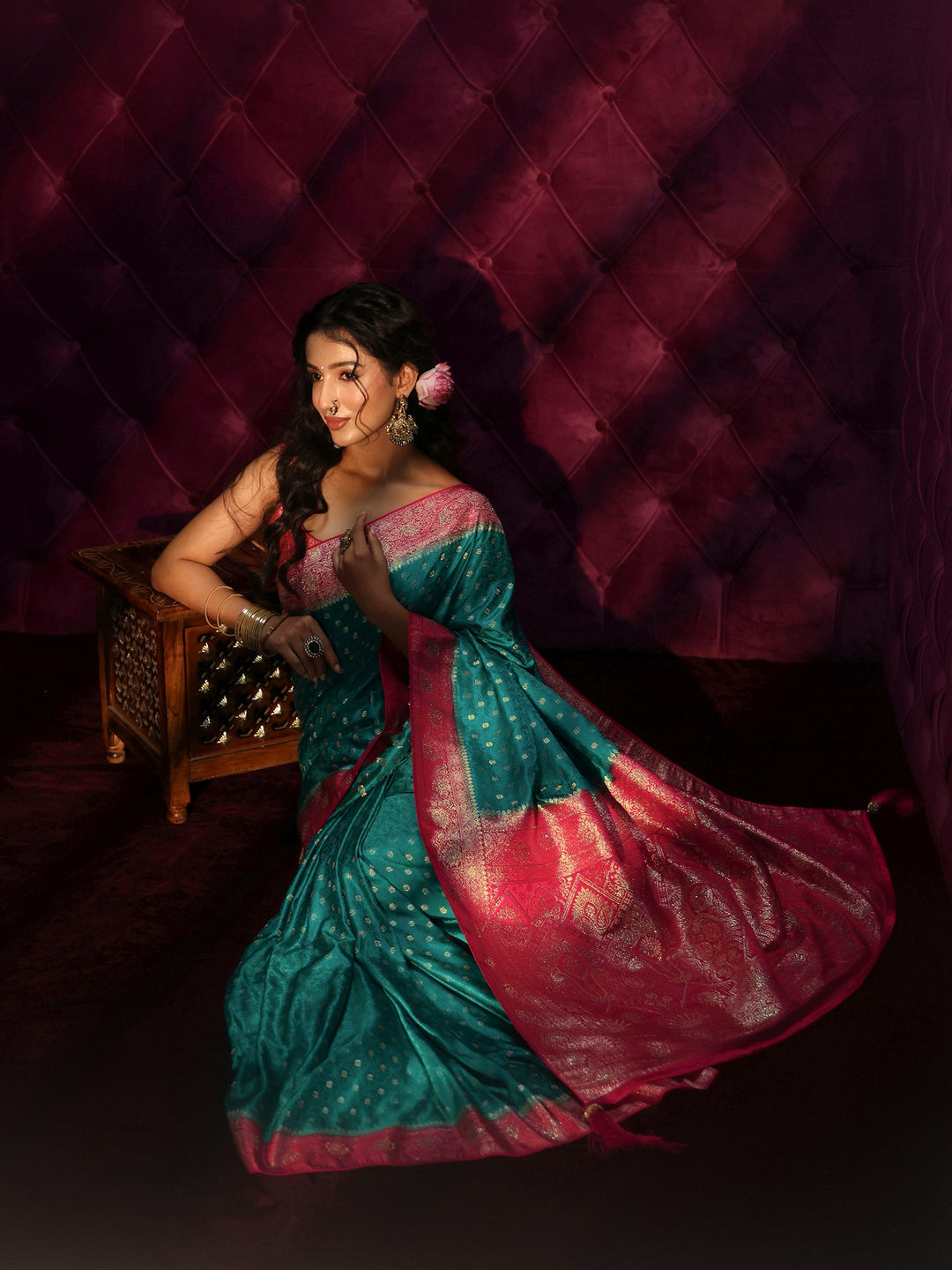 Libas Teal Blue and Pink Banarasi Silk Blend Saree