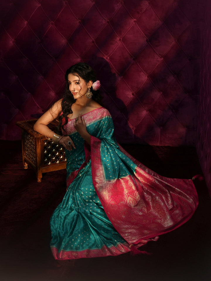 Libas Teal Blue and Pink Banarasi Silk Blend Saree