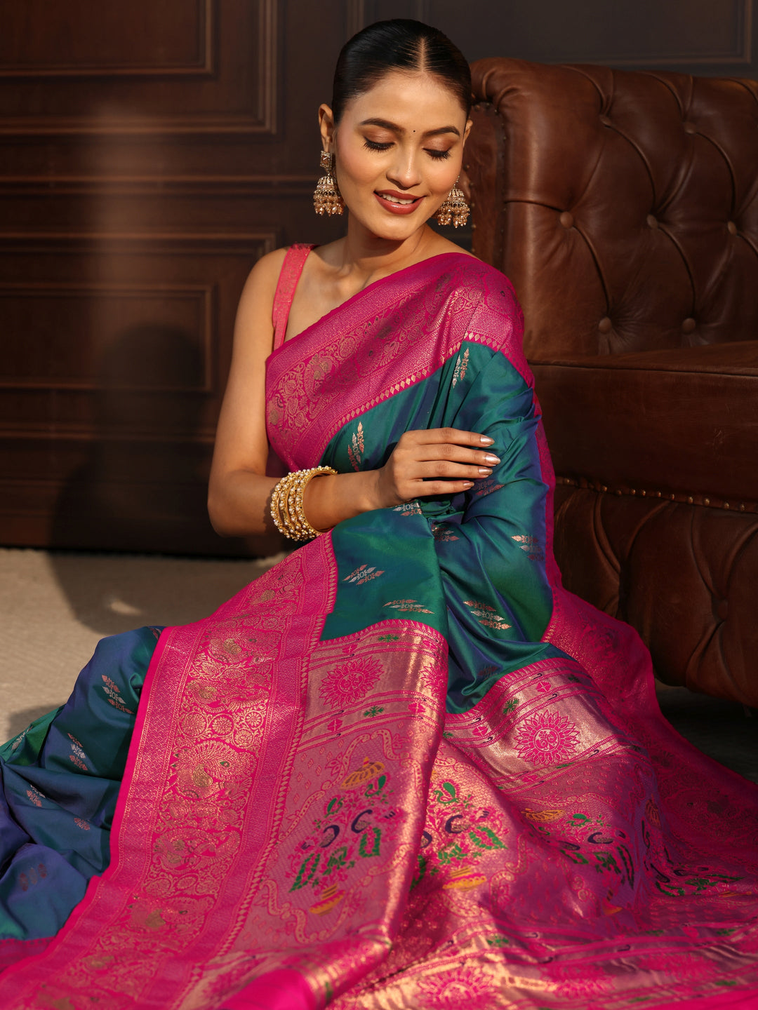 Libas Teal Blue and Pink Silk Blend Paithani Saree