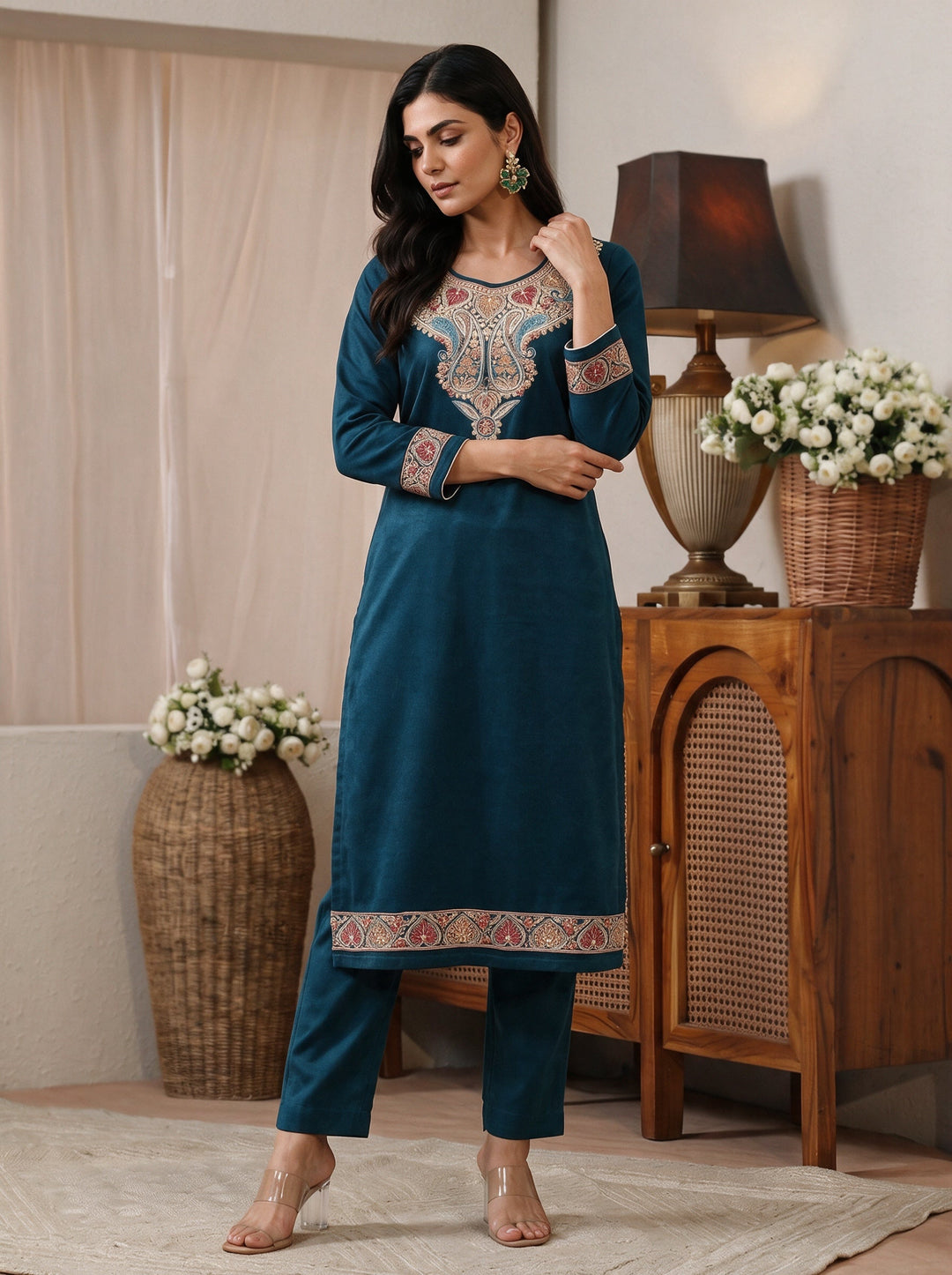 Libas Teal Floral yoke Embroidered Straight Kurta