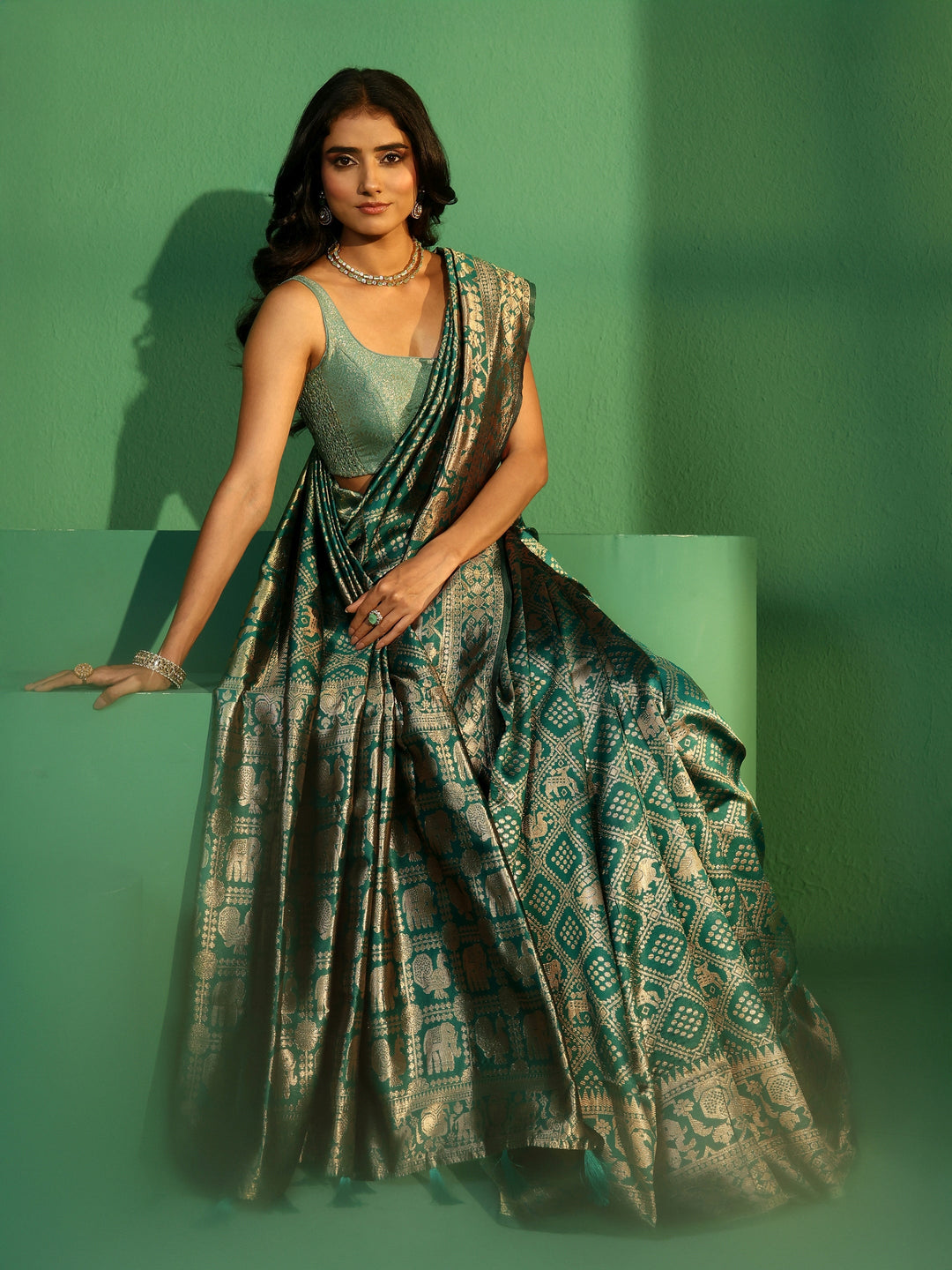 Libas Teal Green Brocade Saree with Elephant Motifs