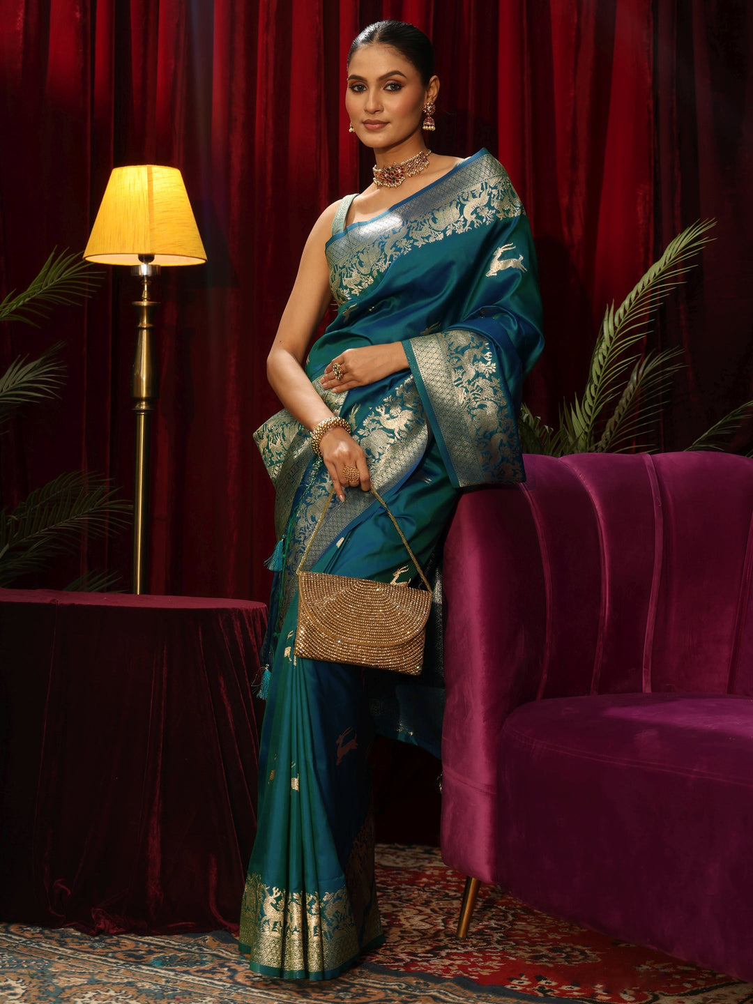 Libas Teal Green Deer Motif Kanjeevaram Silk Blend Saree