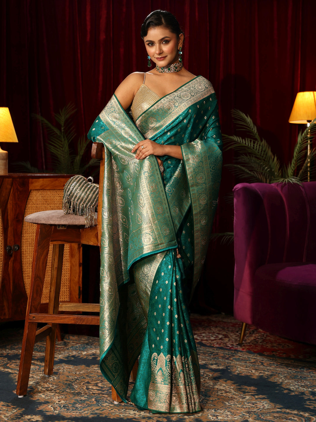 Libas Teal Green Embellished Satin Banarasi Saree
