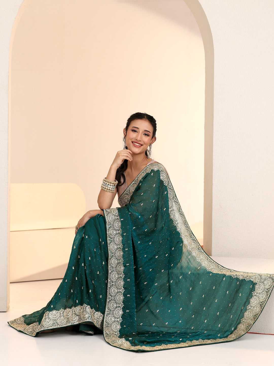Libas Teal Green Embellished Tissue Saree