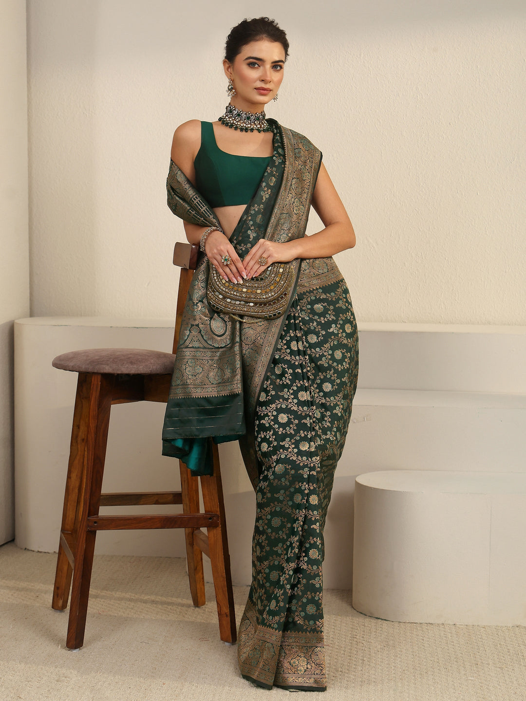 Libas Teal Green Floral Banarasi Silk Blend Saree