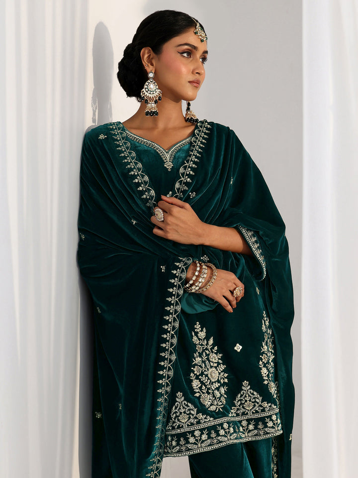 Libas Teal Green Floral Embroidered Velvet Straight Suit Set