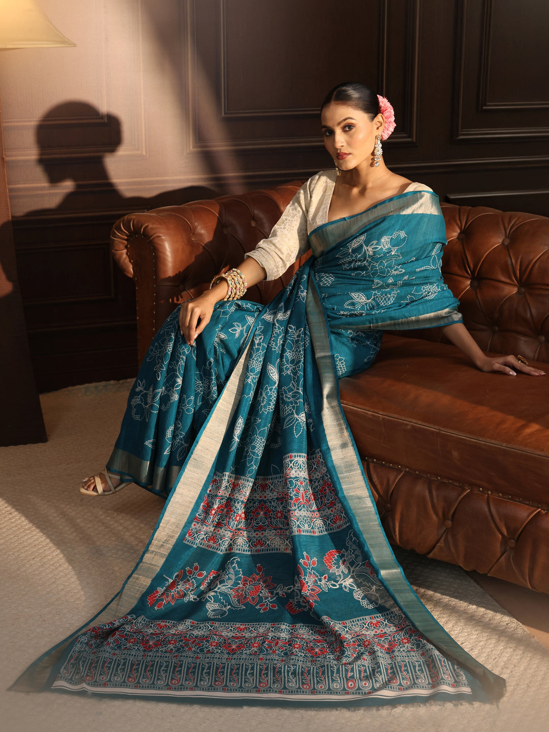 Libas Teal Green Floral Printed Silk Blend Saree