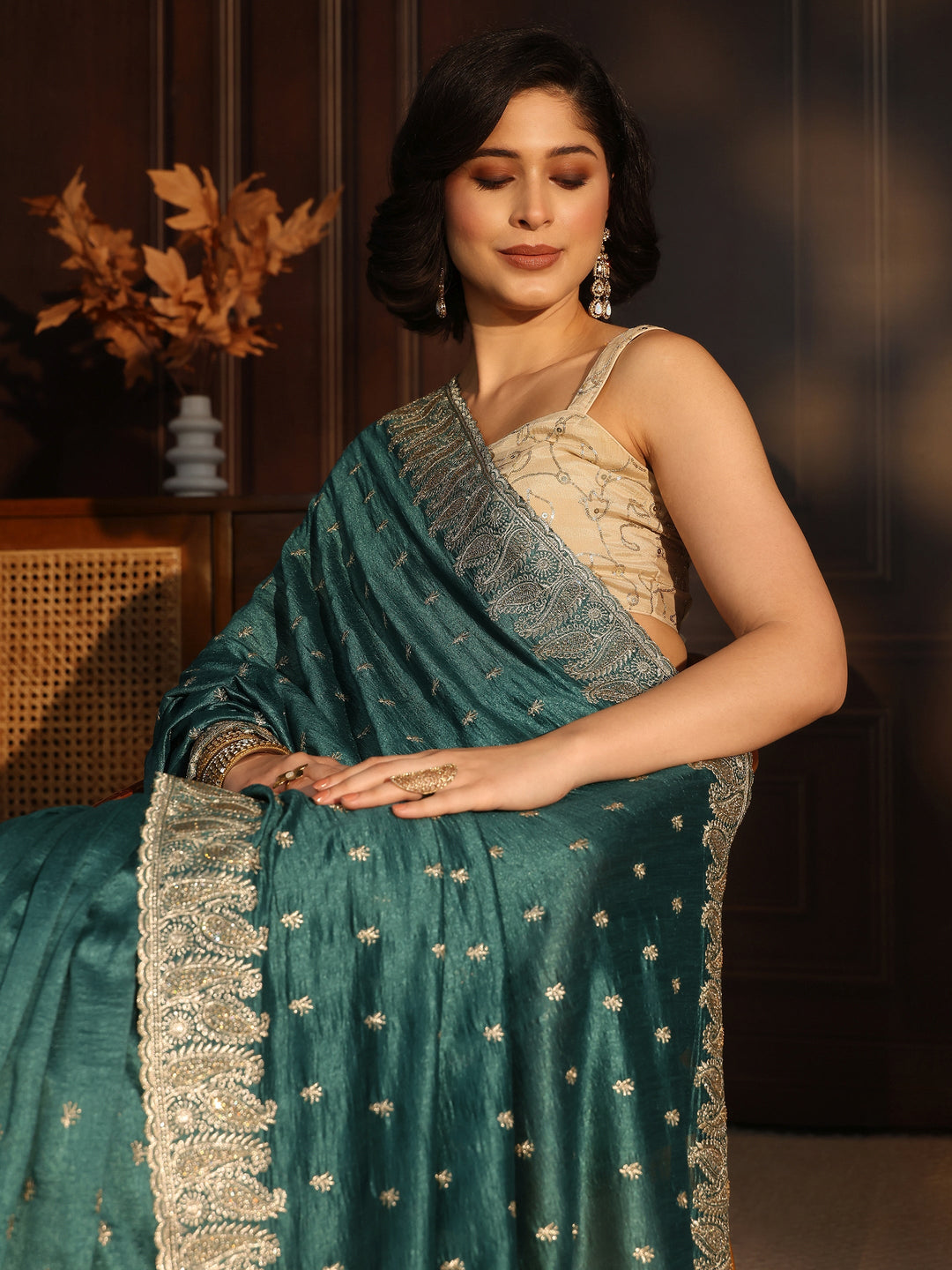 Libas Teal Green Stone Work Embellished Silk Blend Saree