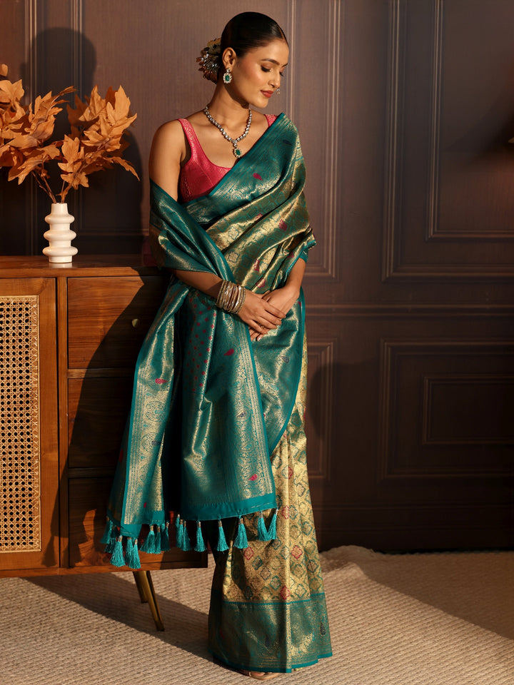 Libas Teal Green Woven Design Silk Blend Saree