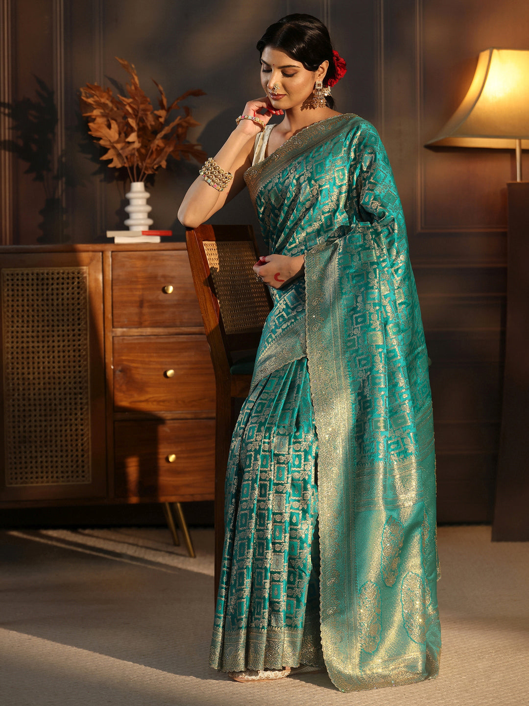 Libas Teal Green Woven Design Silk Blend Saree with Stone Work
