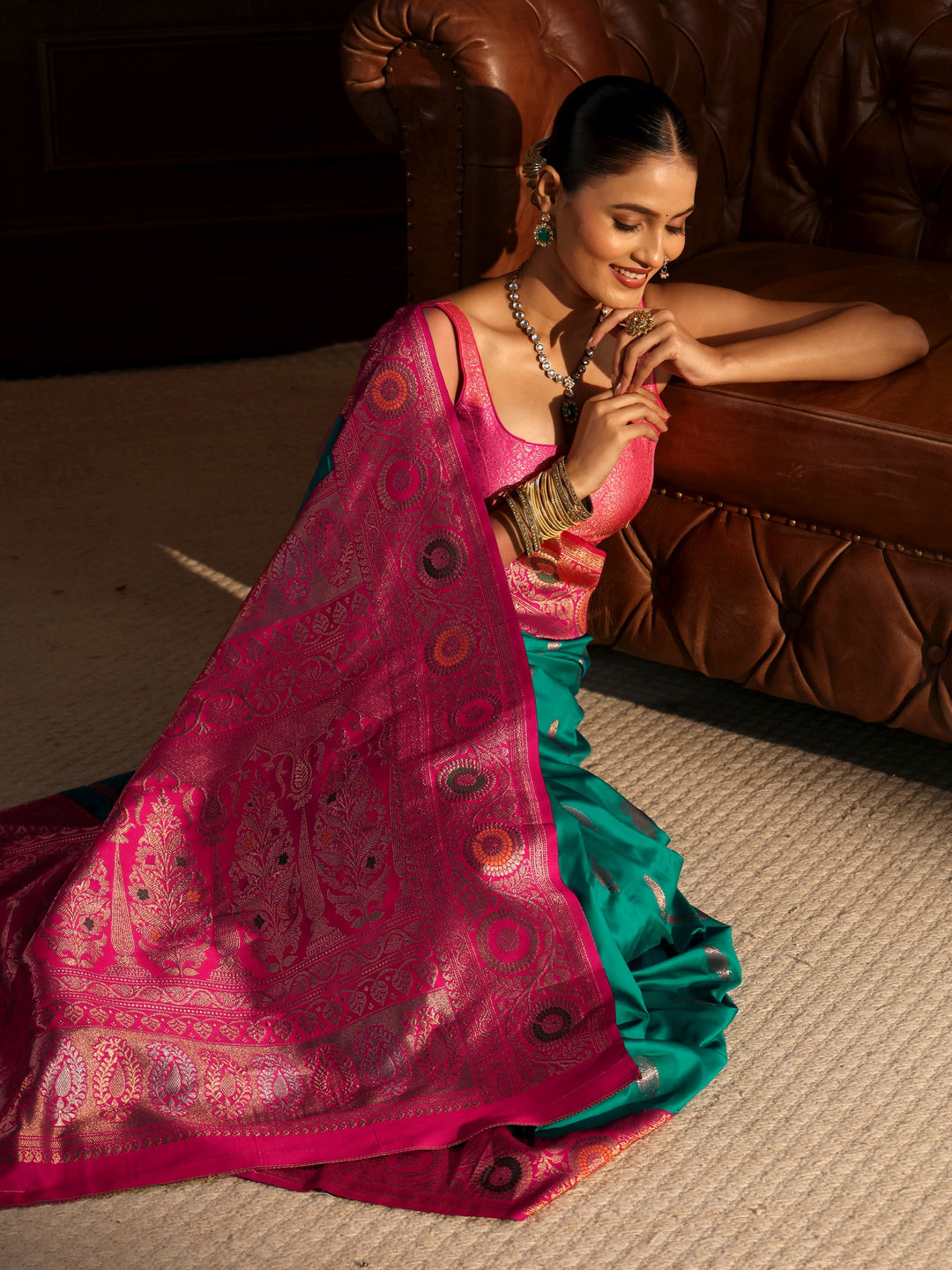 Libas Teal Green and Pink Paisley Woven Design Silk Blend Saree
