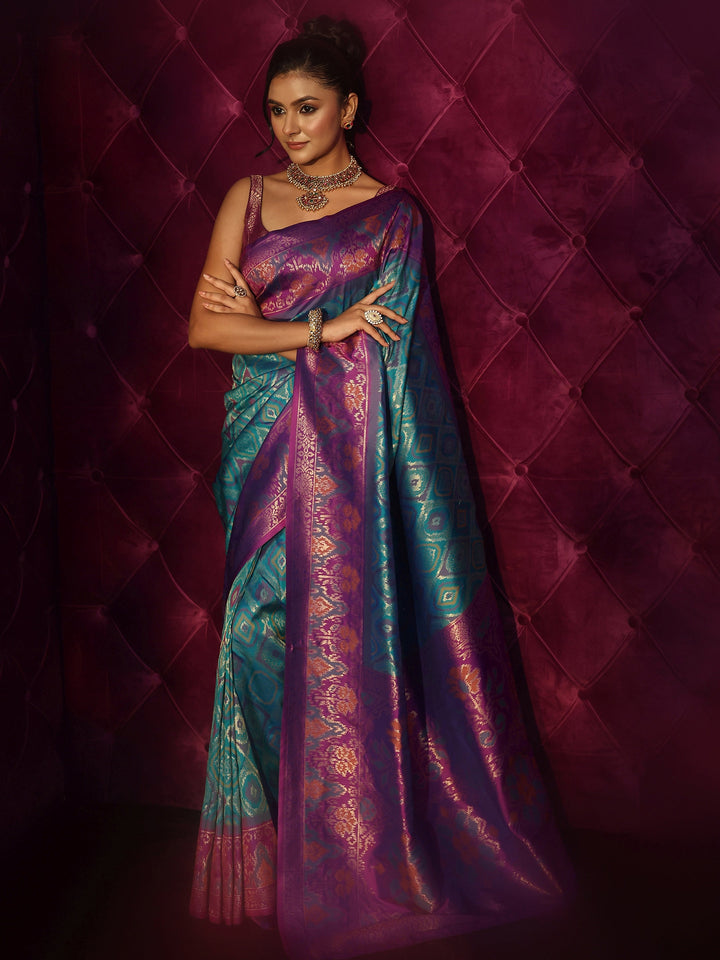 Libas Teal Green and Purple Silk Blend Patola Saree