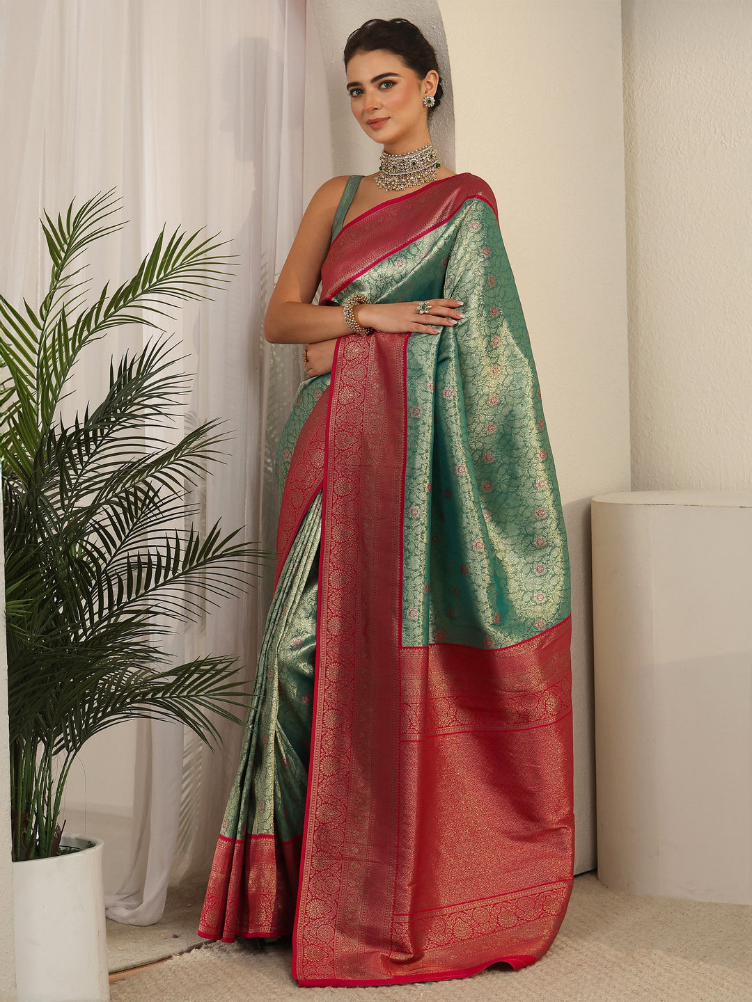 Libas Teal Green and Red Floral Woven Design Silk Blend Saree