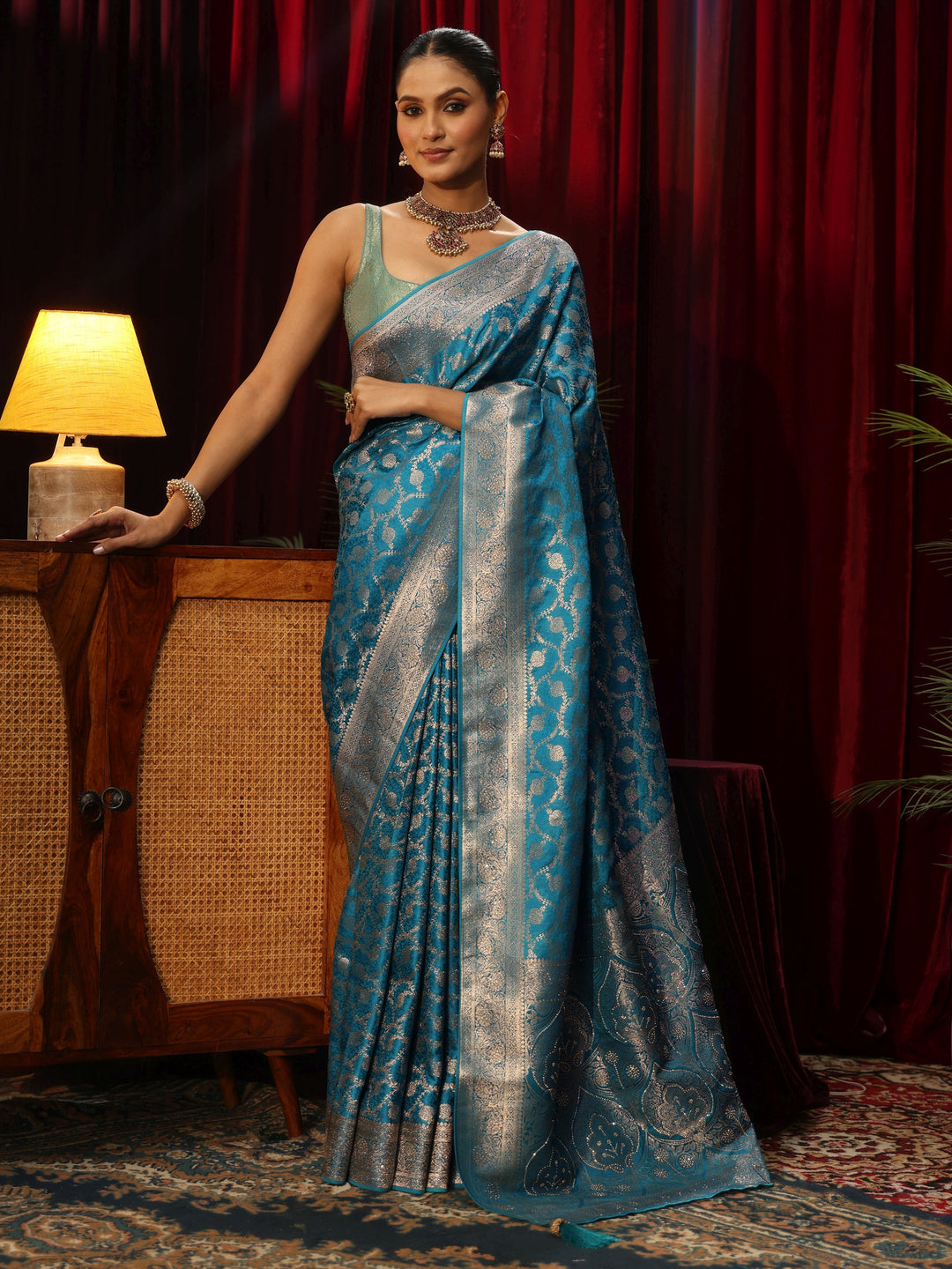 Libas Turquoise Blue Banarasi Silk Blend Saree
