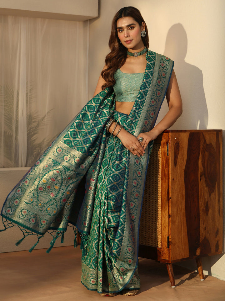Libas Turquoise Blue Bandhani Print Woven Silk Blend Saree