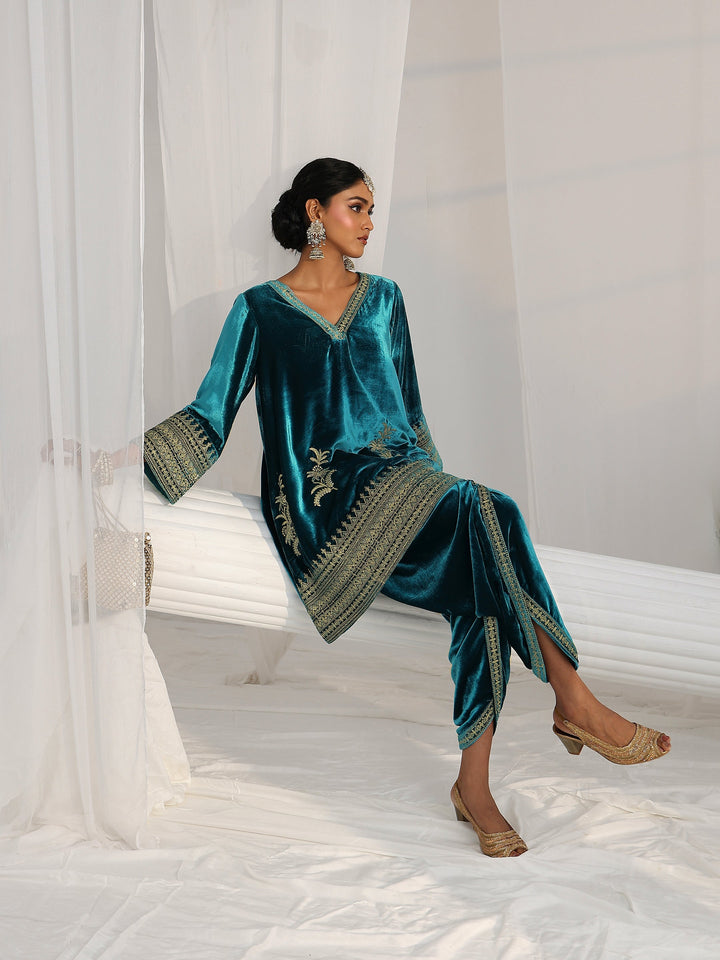 Libas Turquoise Blue Embroidered Velvet Co-Ord Set