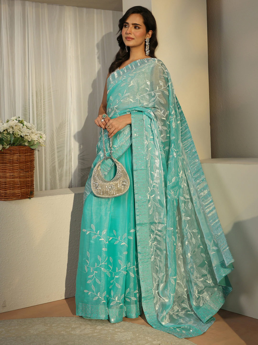 Libas Turquoise Blue Floral Embellished Tissue Saree