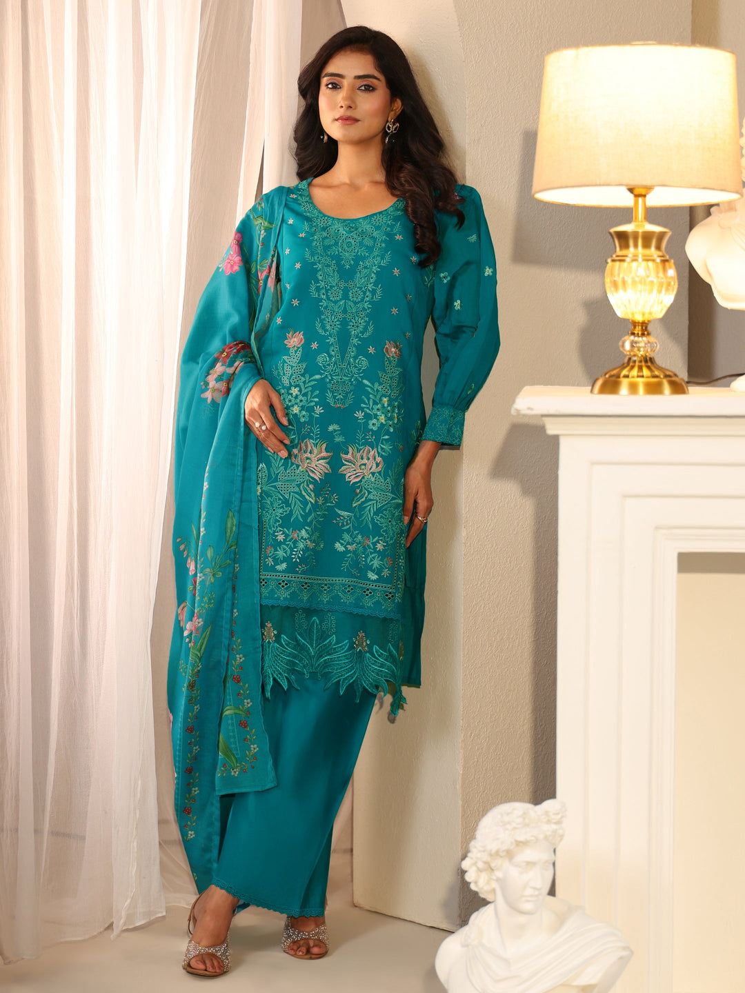 Libas Turquoise Blue Floral Embroidered Chanderi Cotton Straight Suit Set