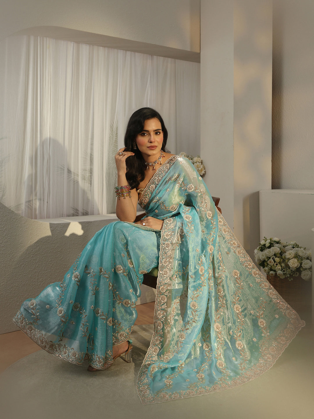 Libas Turquoise Blue Floral Embroidered Tissue Saree