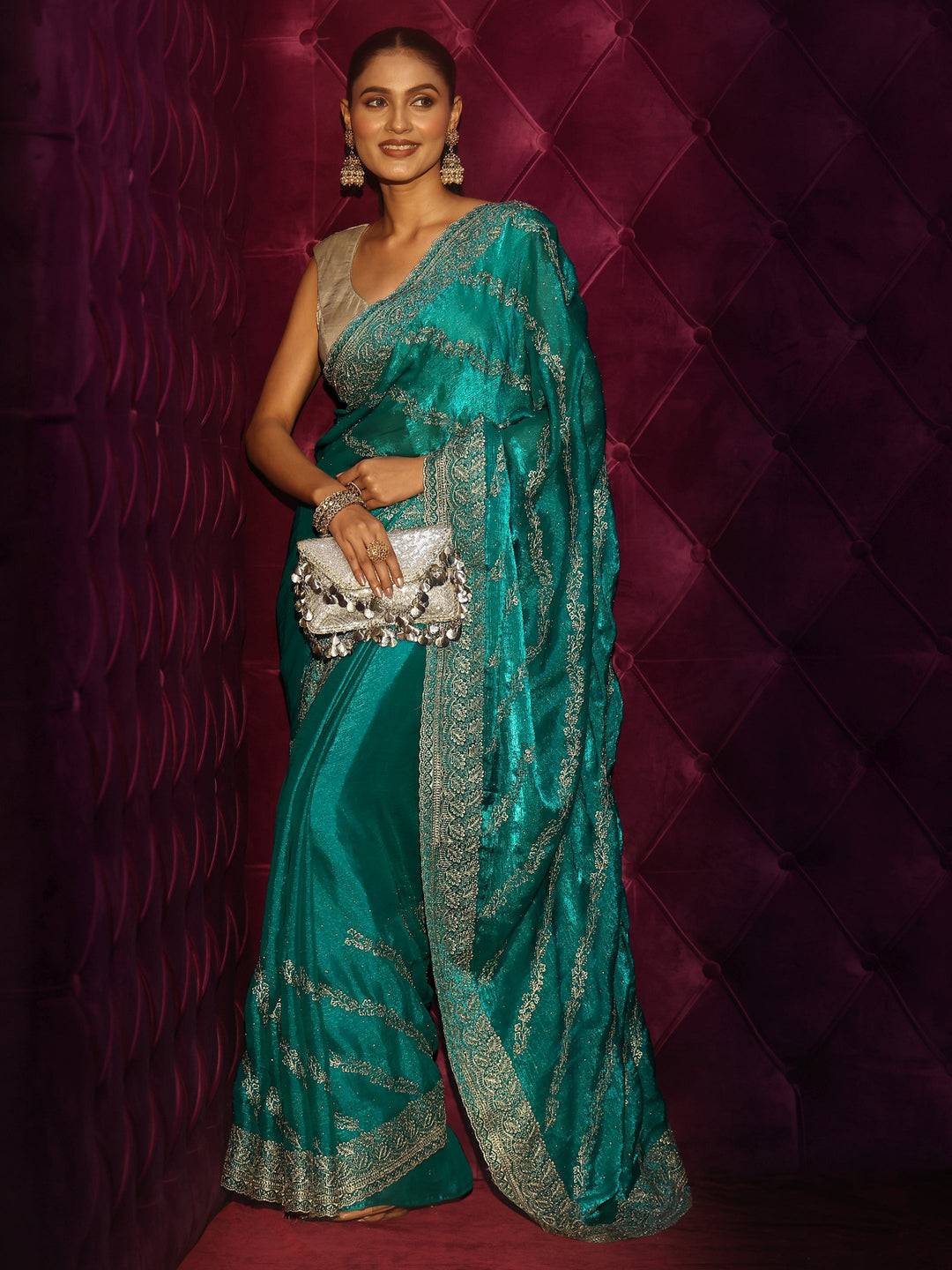 Libas Turquoise Blue Floral Embroidered Tissue Saree