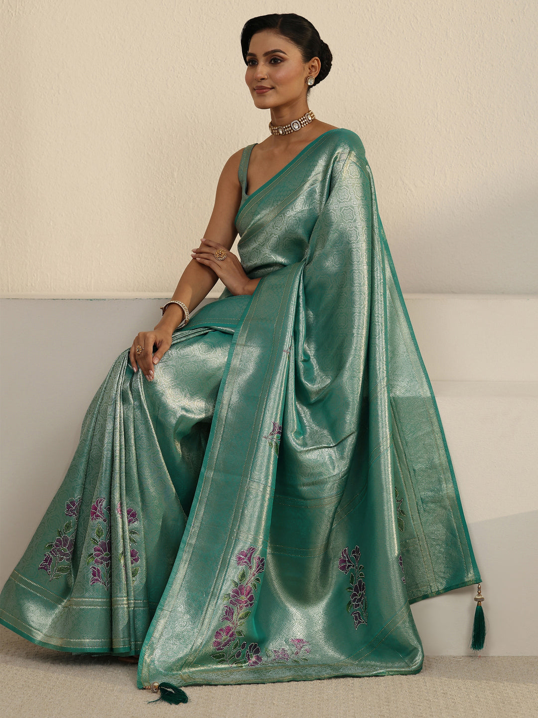 Libas Turquoise Blue Floral Motifs Silk Saree