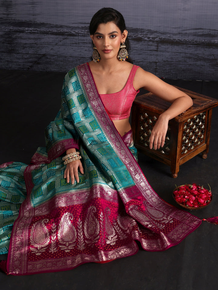 Libas Turquoise Blue Gharchola Silk Blend Saree with Paisley Weave Pallu