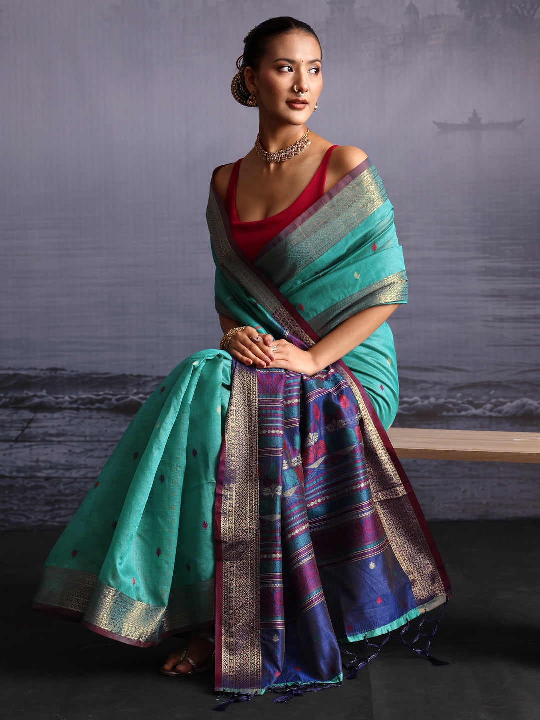 Libas Turquoise Blue Jacquard Woven Design Silk Blend Saree