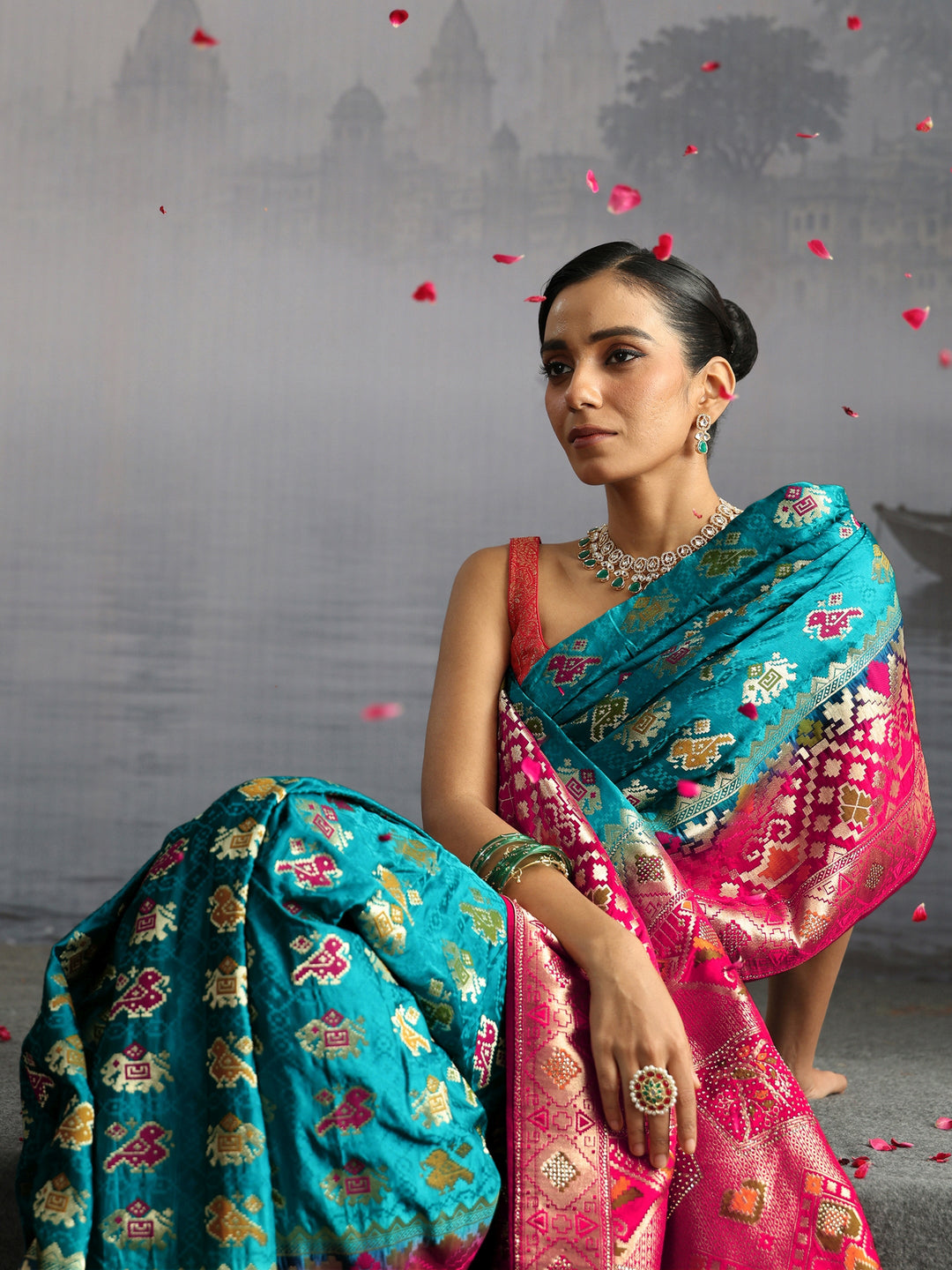 Libas Turquoise Blue Patola Silk Blend Saree