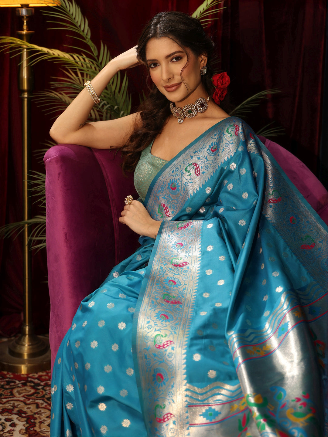 Libas Turquoise Blue Silk Blend Paithani Tassel Saree