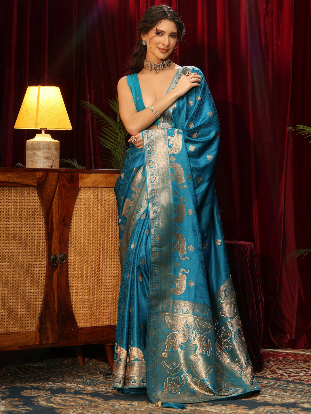 Libas Turquoise Blue Woven Design Satin Saree