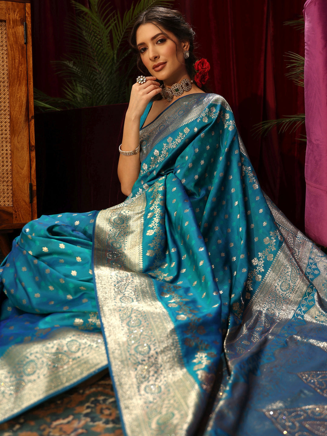 Libas Turquoise Blue Woven Design Silk Blend Saree