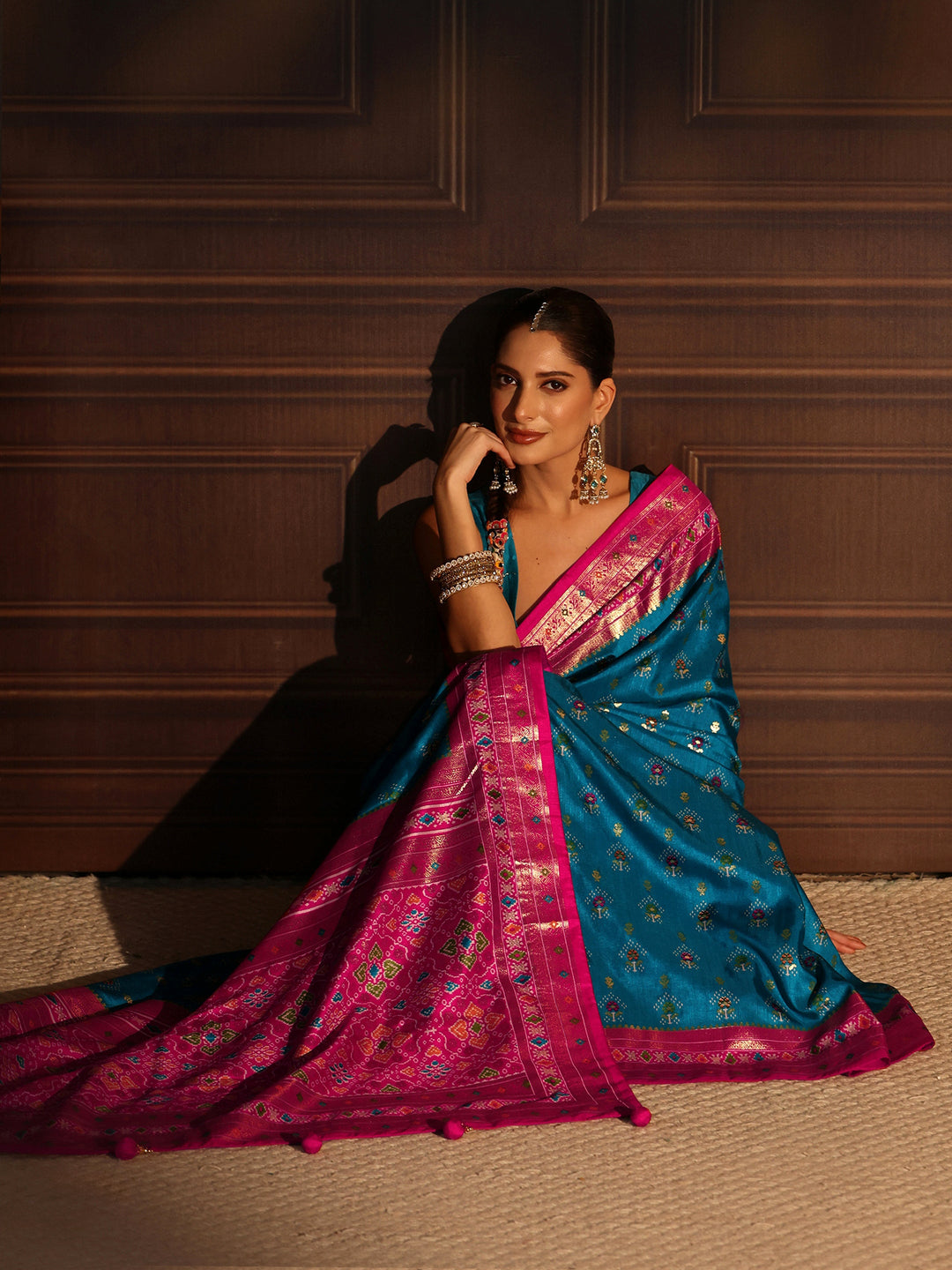 Libas Turquoise Blue and Pink Ethnic Printed Silk Blend Saree