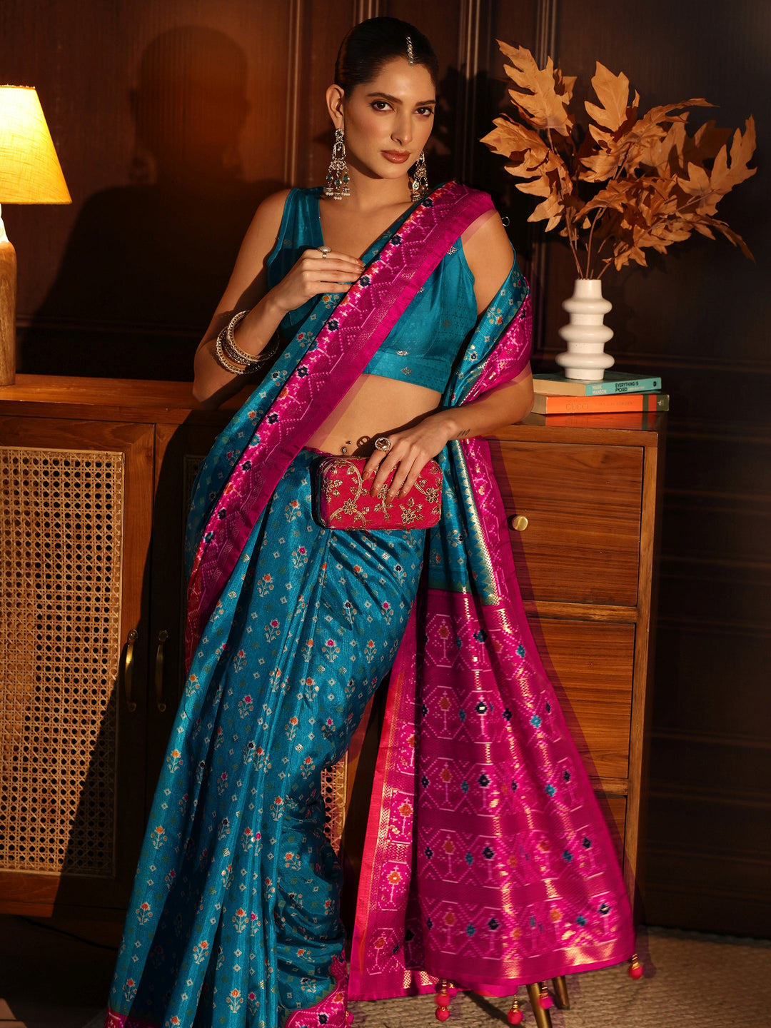 Libas Turquoise Blue and Pink Pochampally Ikat Silk Blend Saree