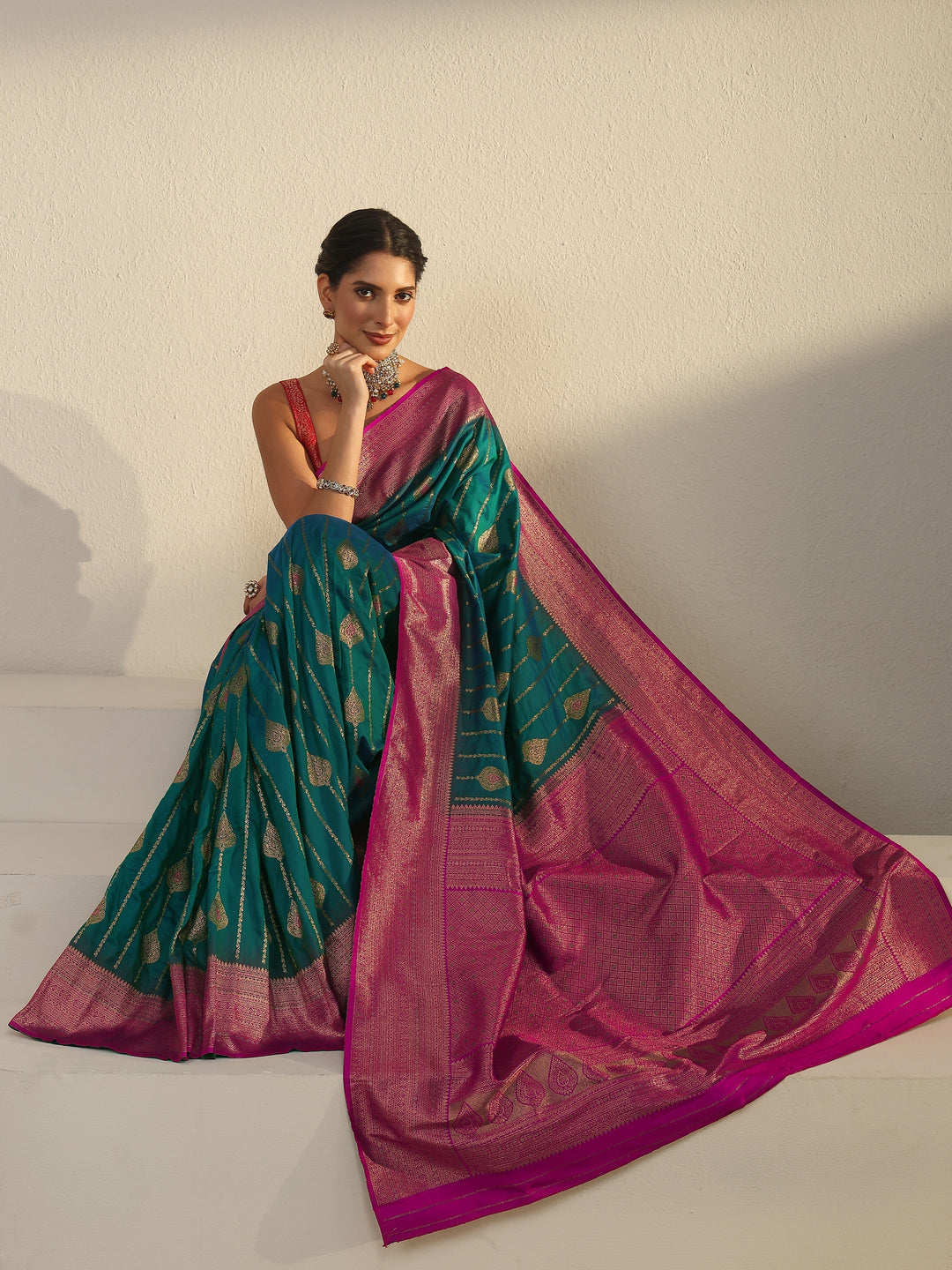 Libas Turquoise Blue and Pink Woven Design Silk Blend Saree