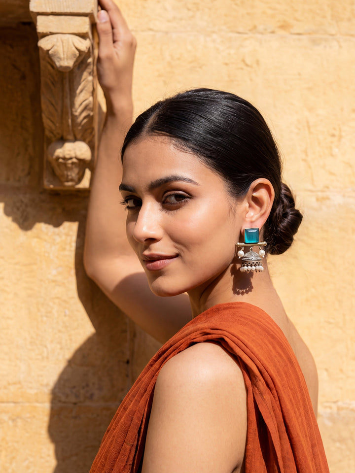 Libas Turquoise Stone Brass Jhumka Earrings