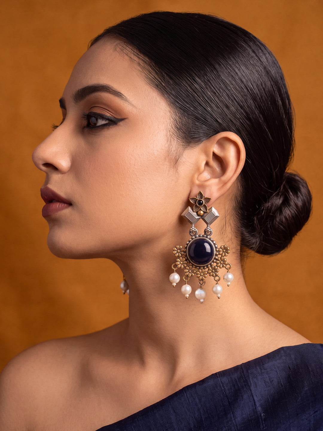 Libas Turquoise Stone Pearl Drops Brass Earrings
