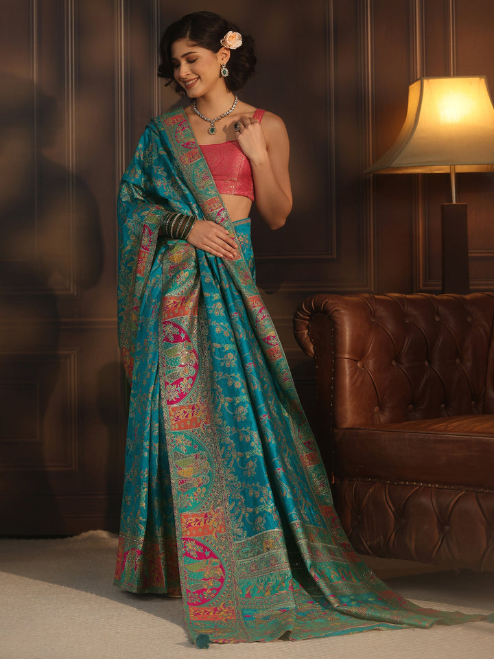 Libas Turquoise Woven Design Silk Blend Saree with Embroidered Border
