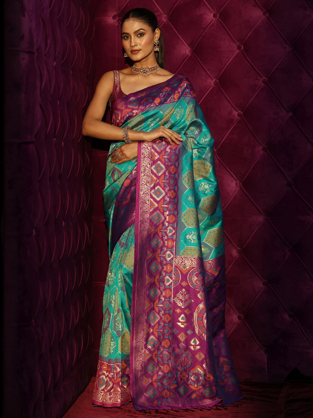Libas Turquoise and Purple Silk Blend Patola Saree