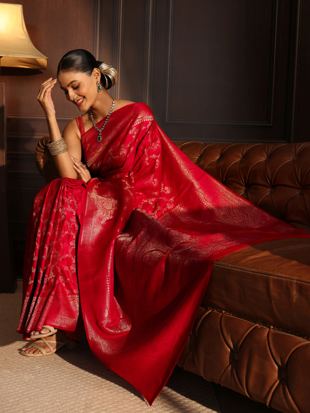 Libas Vermilion Red Floral Woven Design Brocade Saree