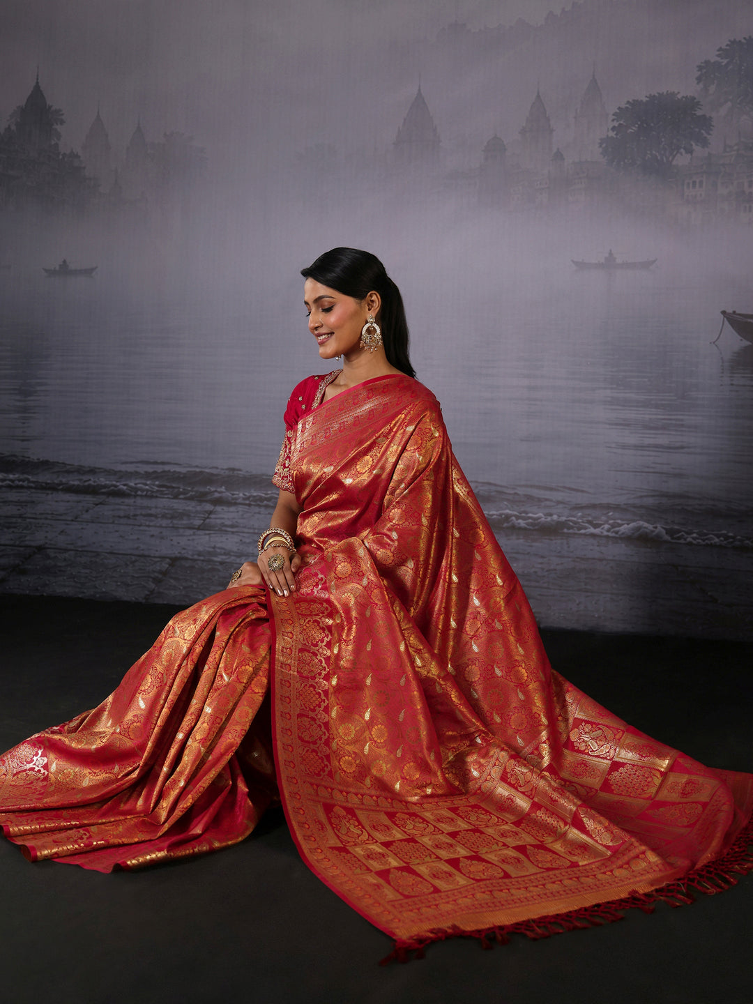 Libas Vermilion Red Floral Woven Design Satin Saree