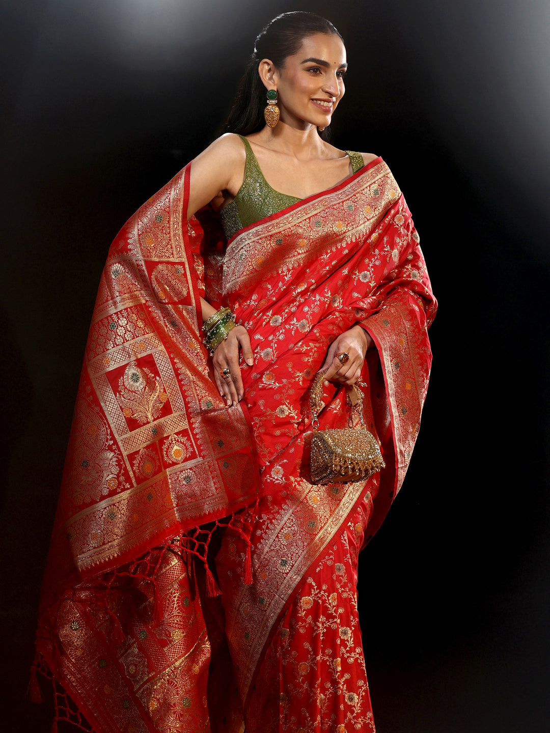 Libas Vermilion Red Meenakari Banarasi Silk Blend Saree