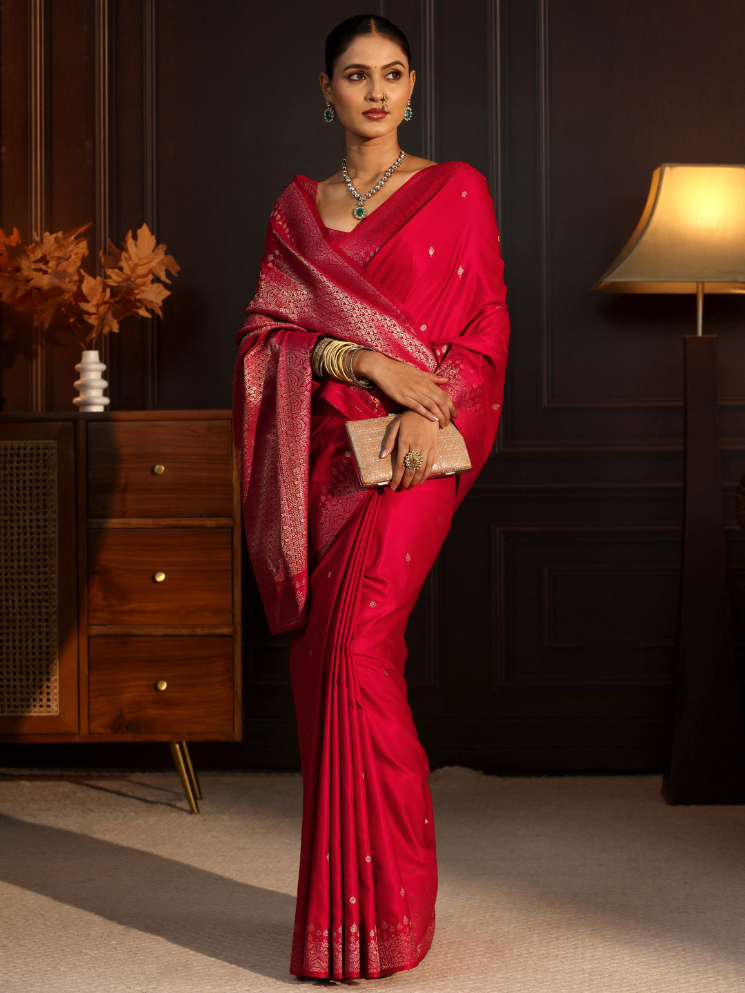 Libas Vermilion Red Woven Design Satin Saree