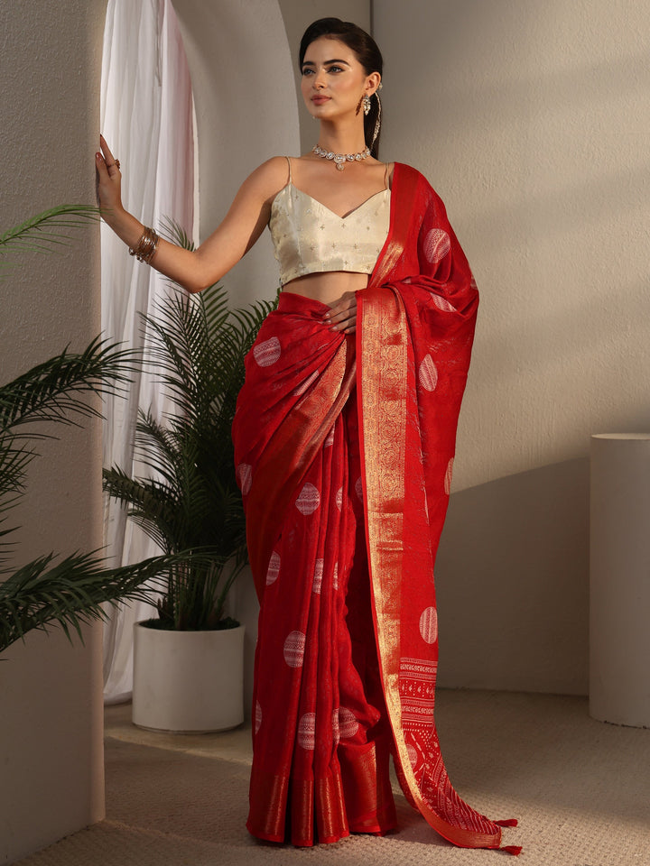Libas Vermilion Red Woven Design Silk Blend Tassel Saree