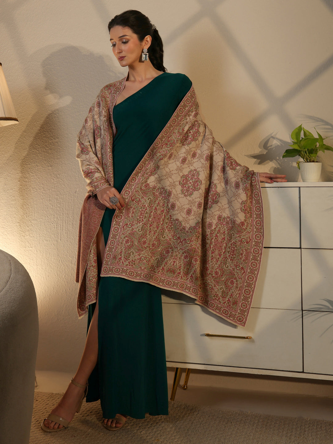 Libas White Ethnic Knitted Acrylic Wrap Shawl