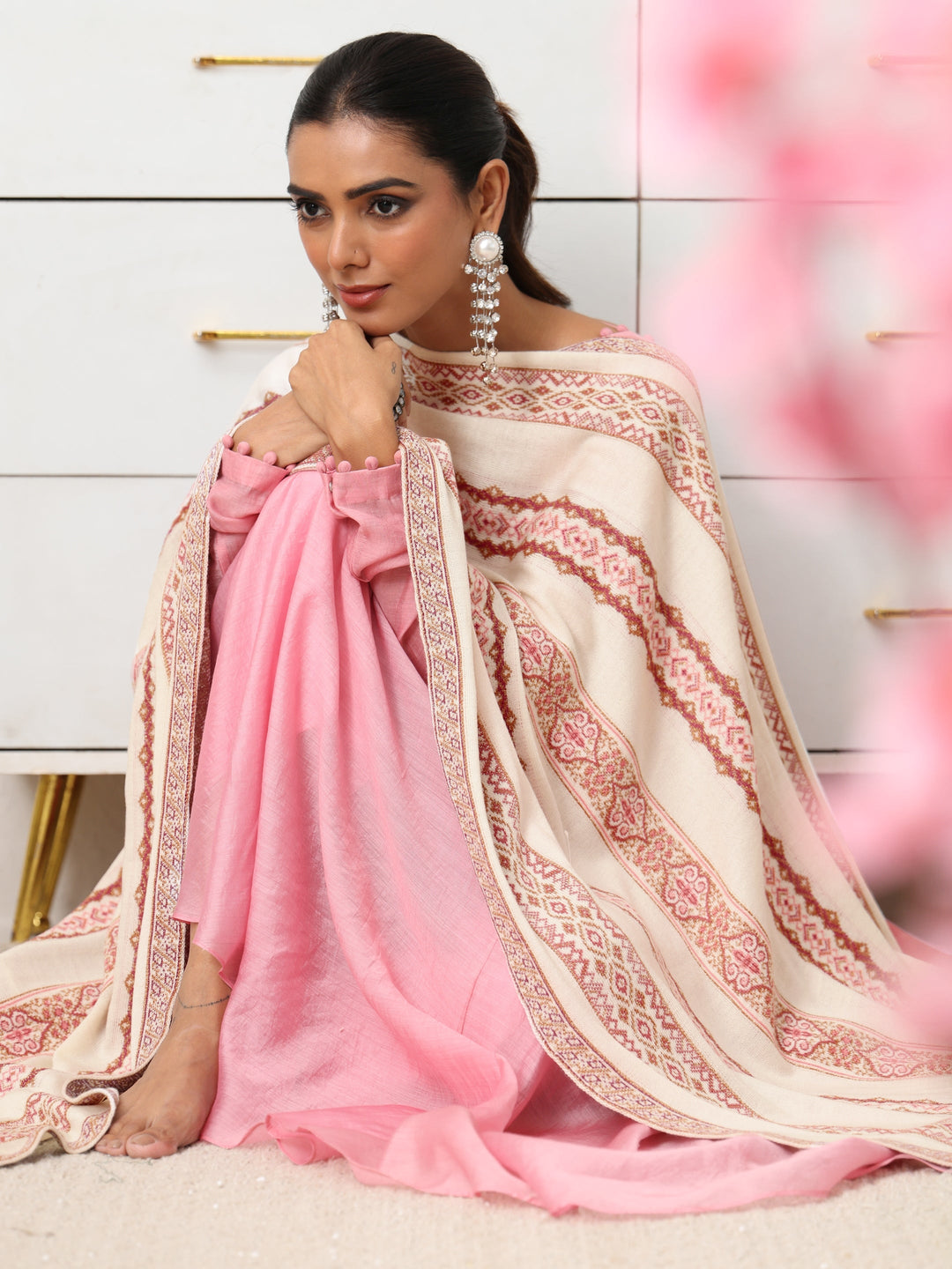 Libas White Ethnic Knitted Acrylic Wrap Shawl
