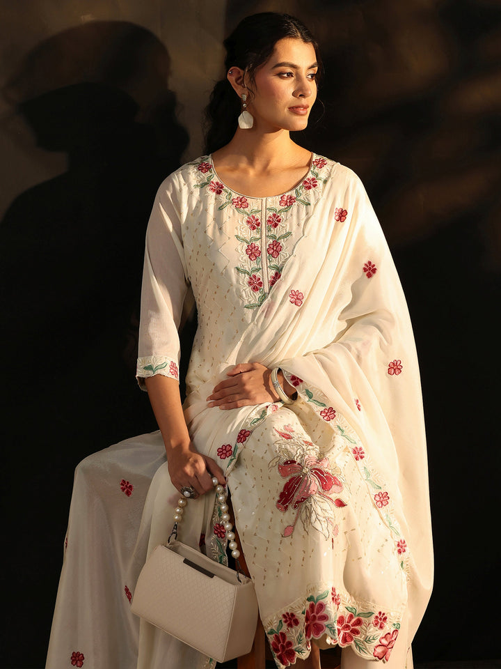 Libas White Floral Chevron Printed Chinon Straight Suit Set