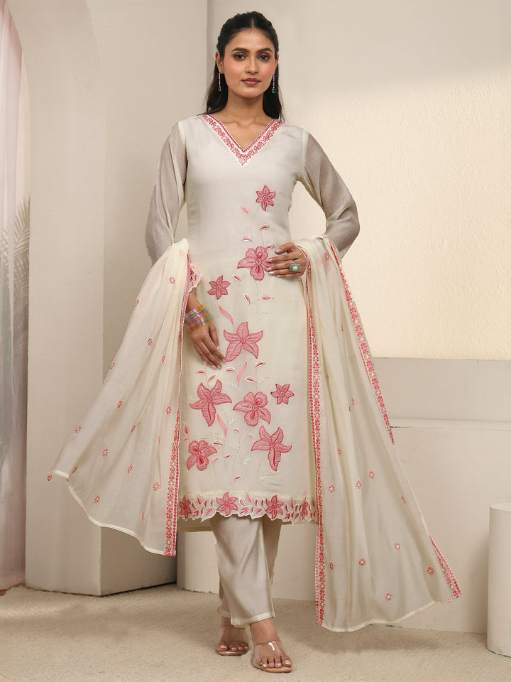 Libas White Floral Embroidered Chanderi Cotton Straight Suit Set