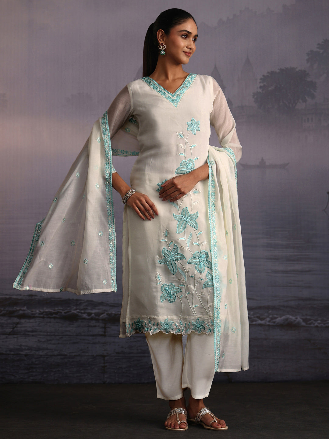 Libas White Floral Embroidered Chanderi Cotton Straight Suit Set