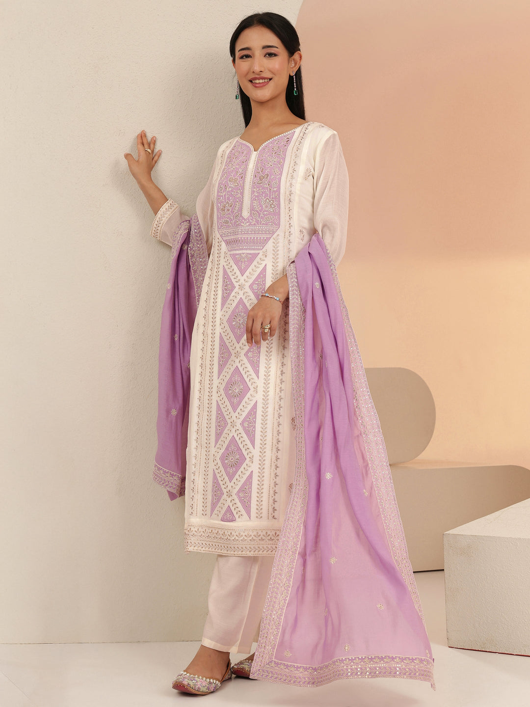 Libas White Floral Embroidered Chanderi Cotton Straight Suit Set