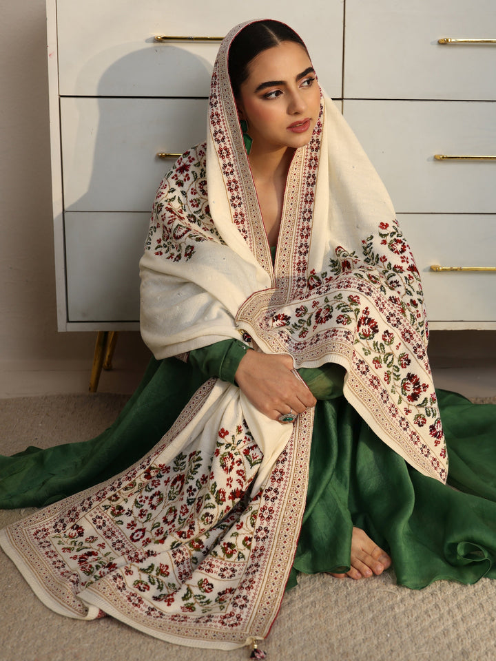 Libas White Floral Knitted Acrylic Wrap Shawl